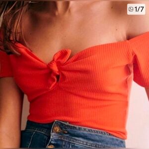 SEZANE Cara Ribbed Shirt Bow in Orange Size S NWOT